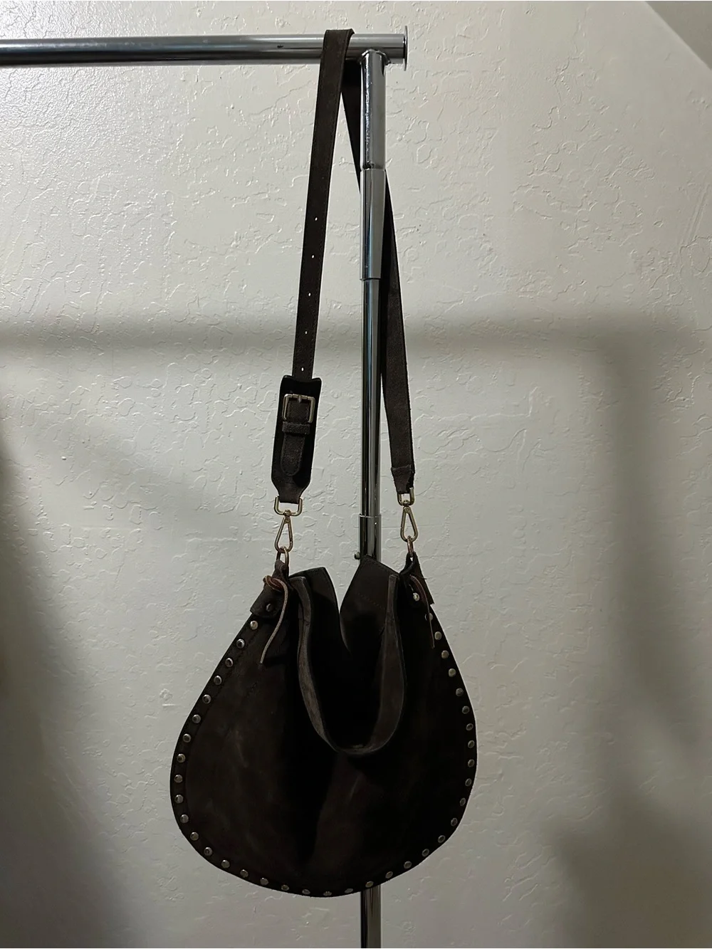 Stud-Trim Suede Hobo Shoulder Bag - Dark Brown